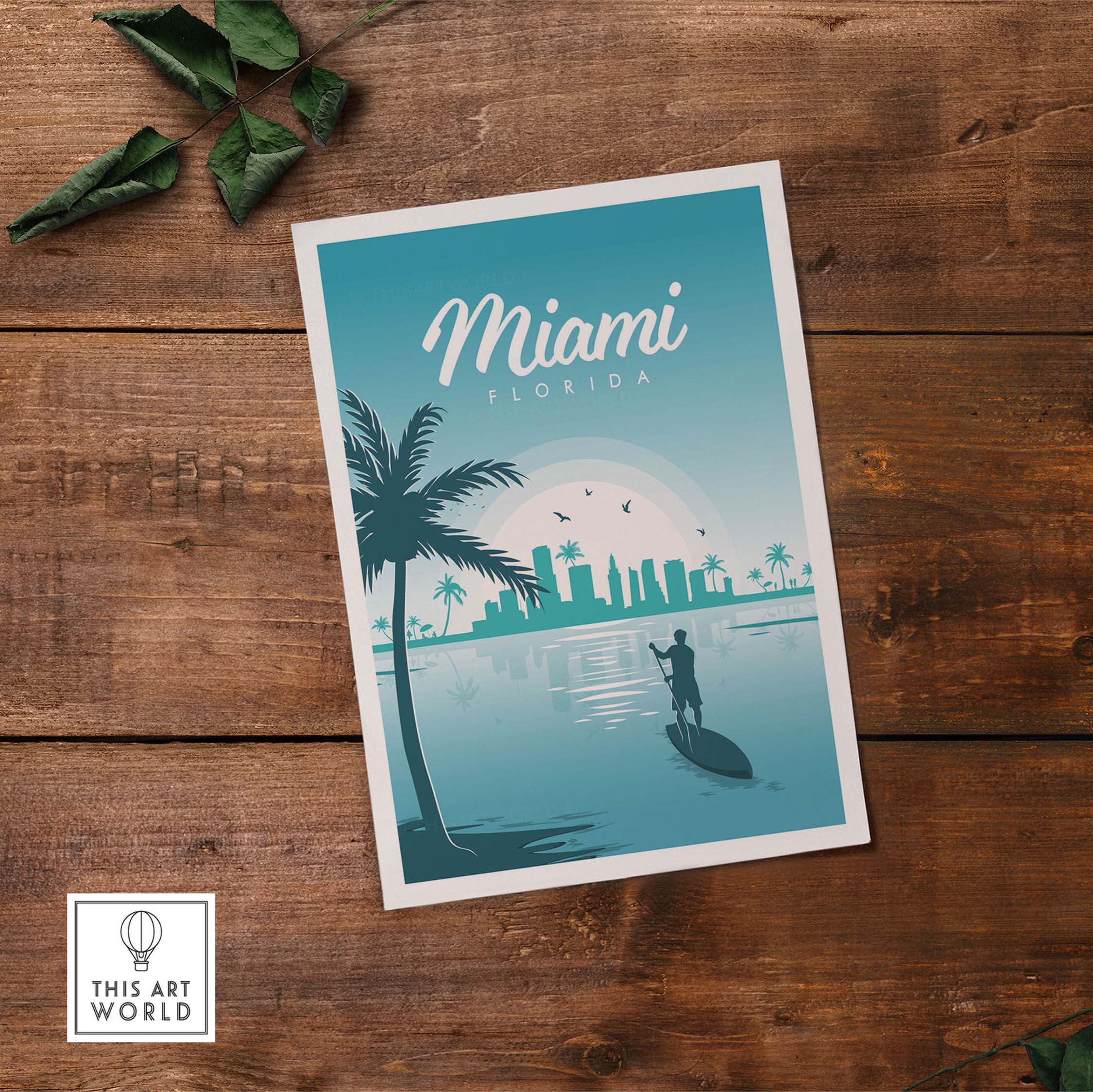 Miami Poster Wall Art Print featuring a paddleboarder and skyline, perfect for travel-themed decor.