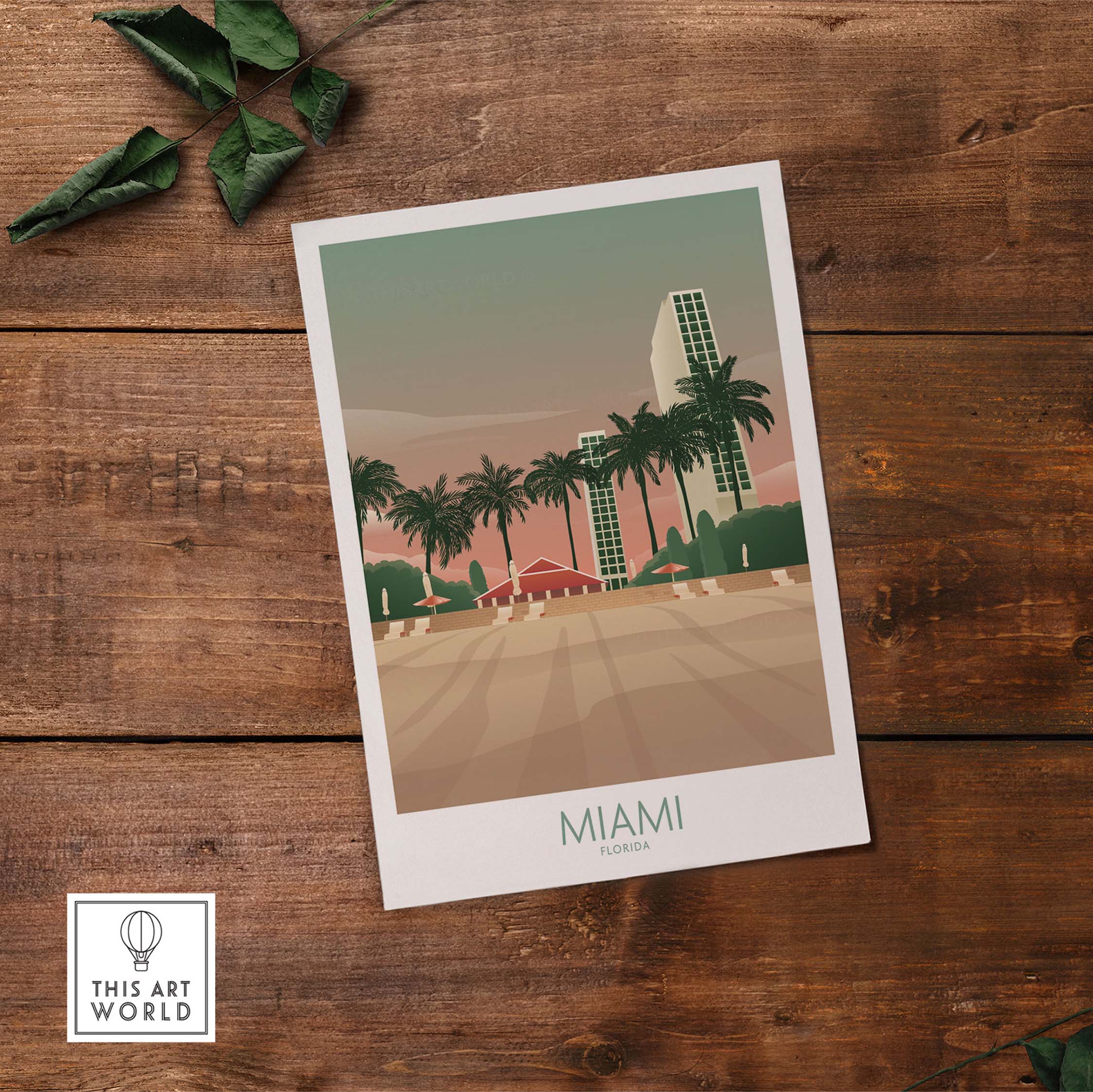 Miami wall art poster print featuring palm trees and iconic buildings in a vintage style.