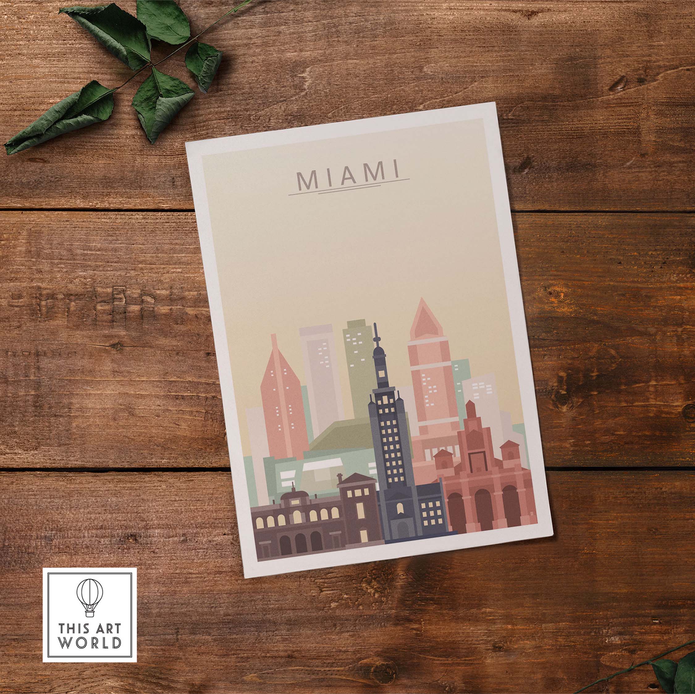 Miami skyline wall art print featuring iconic buildings in warm pastel tones on wooden background.