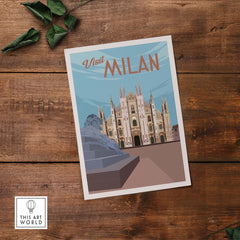 Milan vintage travel poster artwork featuring the Milan Cathedral in a stylish, minimalist design.