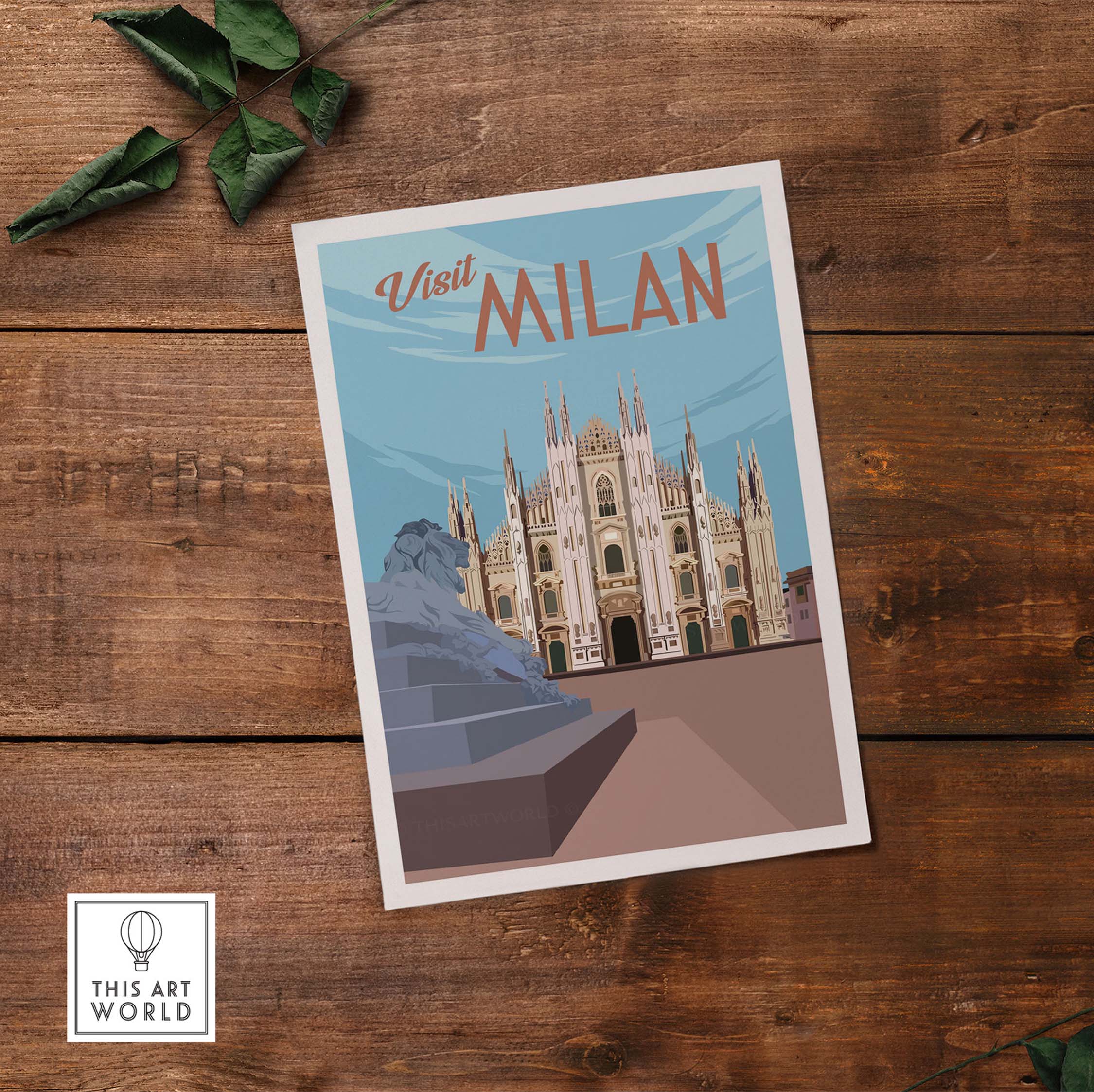 Milan vintage travel poster artwork featuring the Milan Cathedral in a stylish, minimalist design.