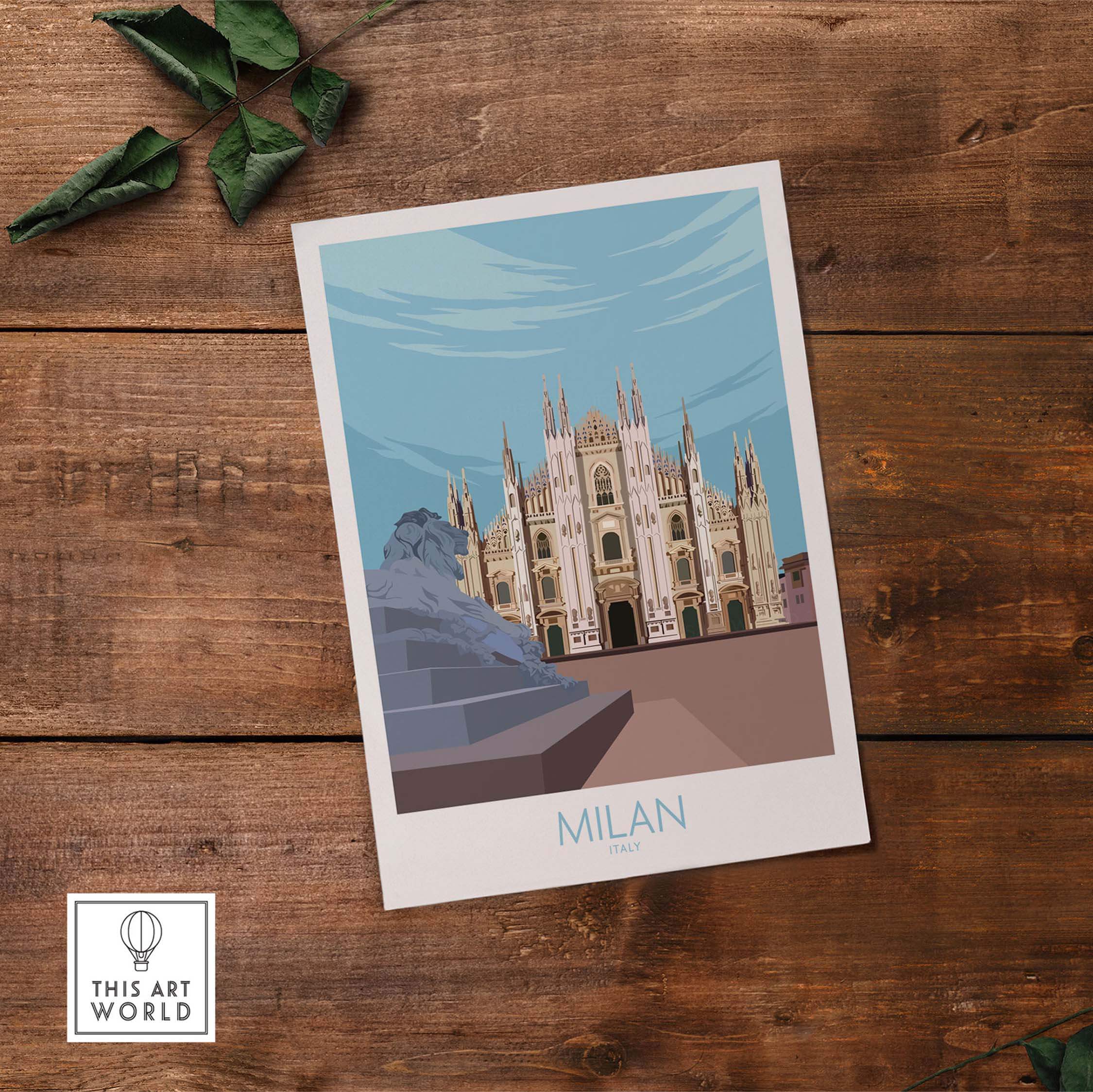 Milan Print Italy Poster showcasing a stylized illustration of Milan Cathedral, perfect for travel art lovers.