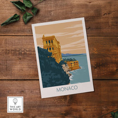 Monaco Poster Print featuring vintage-inspired minimalist art of coastal buildings.