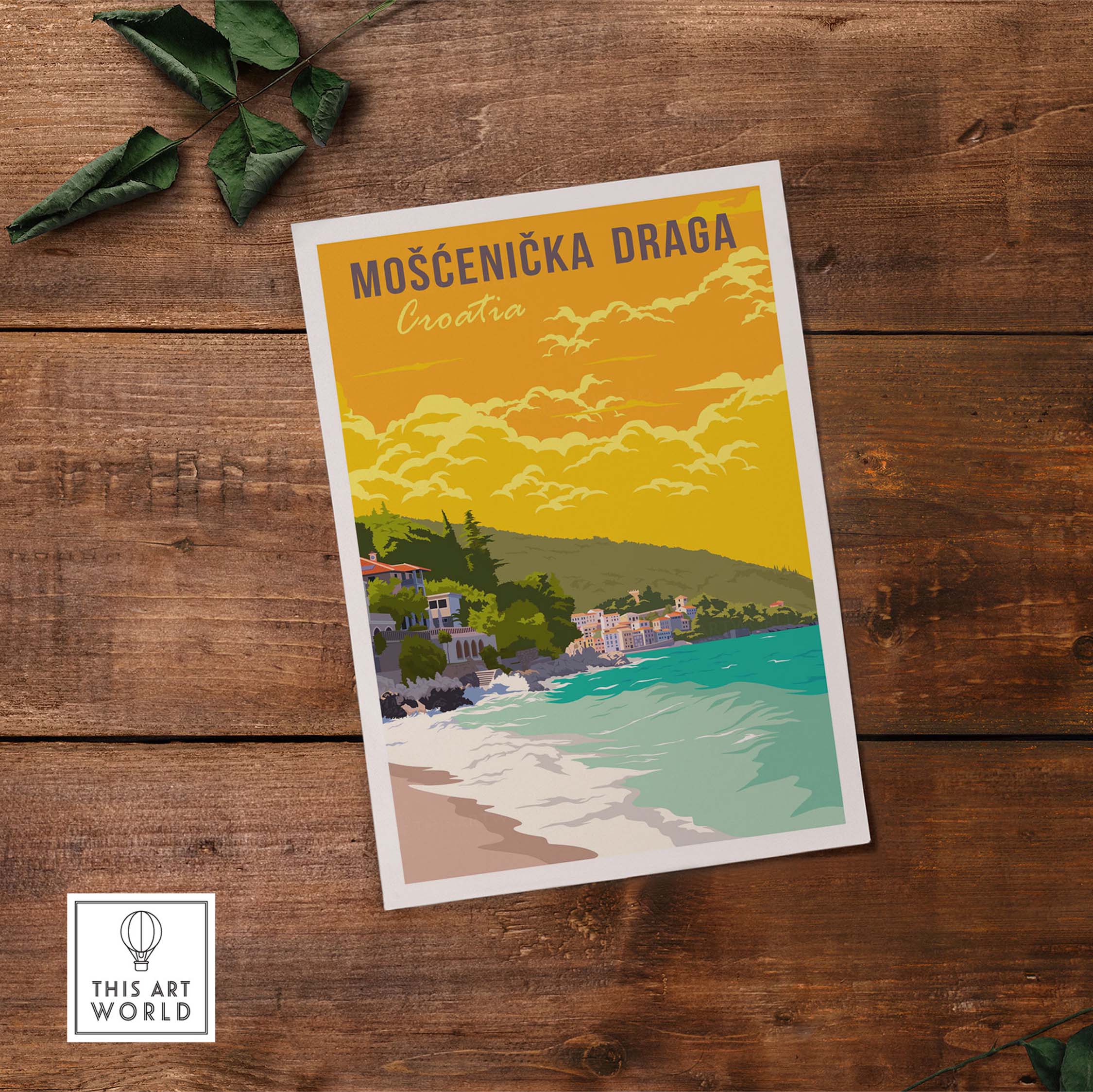 Mošćenička Draga Croatia vintage travel poster print in warm tones with coastal scenery.