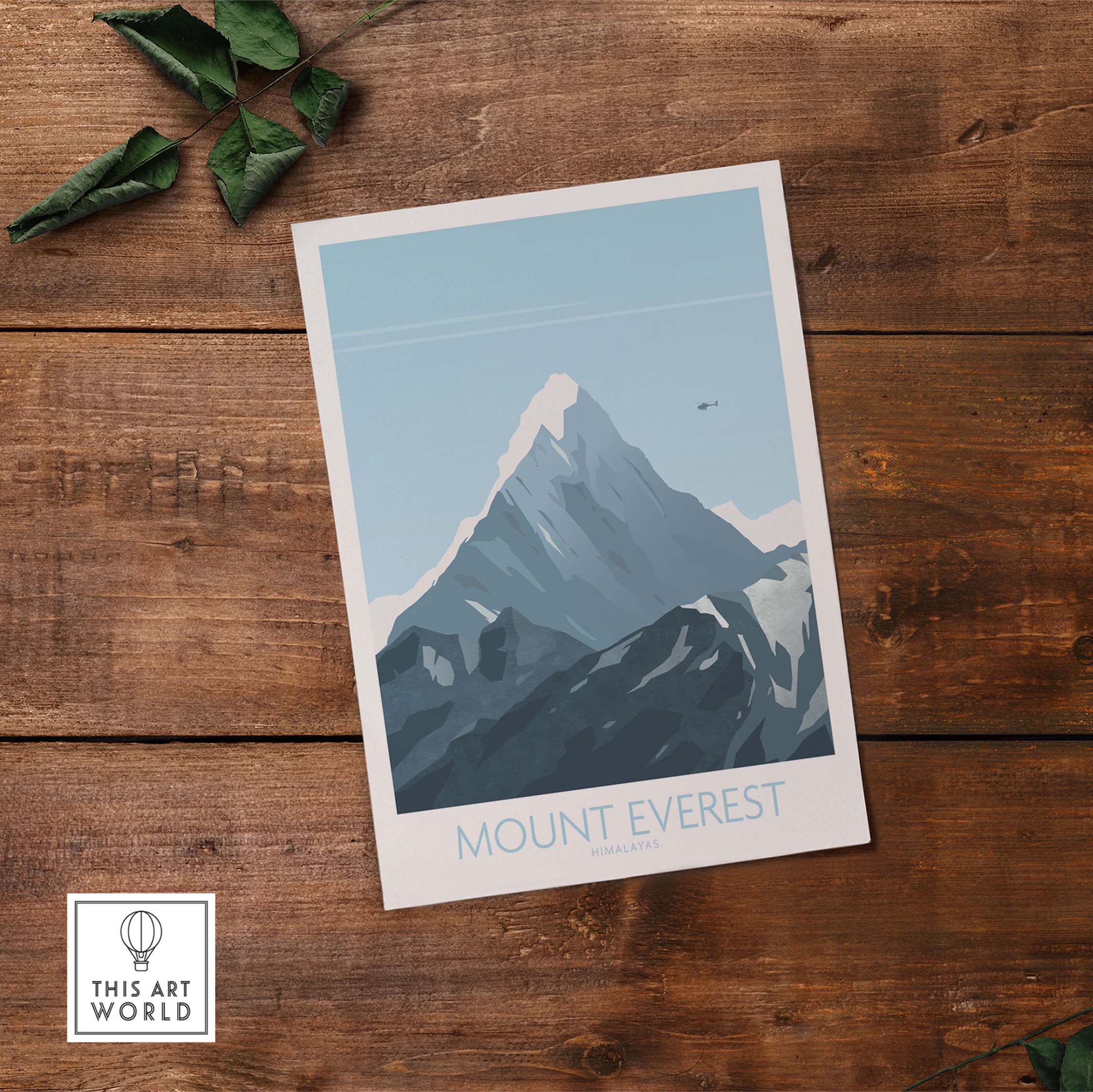 Mount Everest Print Travel Poster featuring a serene mountain landscape in vintage style on wooden background.