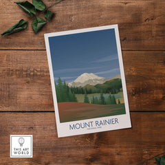 Mount Rainier National Park art print showcasing scenic landscape in a minimalist style on wooden background.