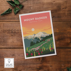 Mount Rainier National Park vintage travel poster print showcasing mountains and flowers on rustic wooden background.