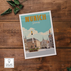 Munich Germany print featuring vintage-style artwork of the city skyline on wooden background.
