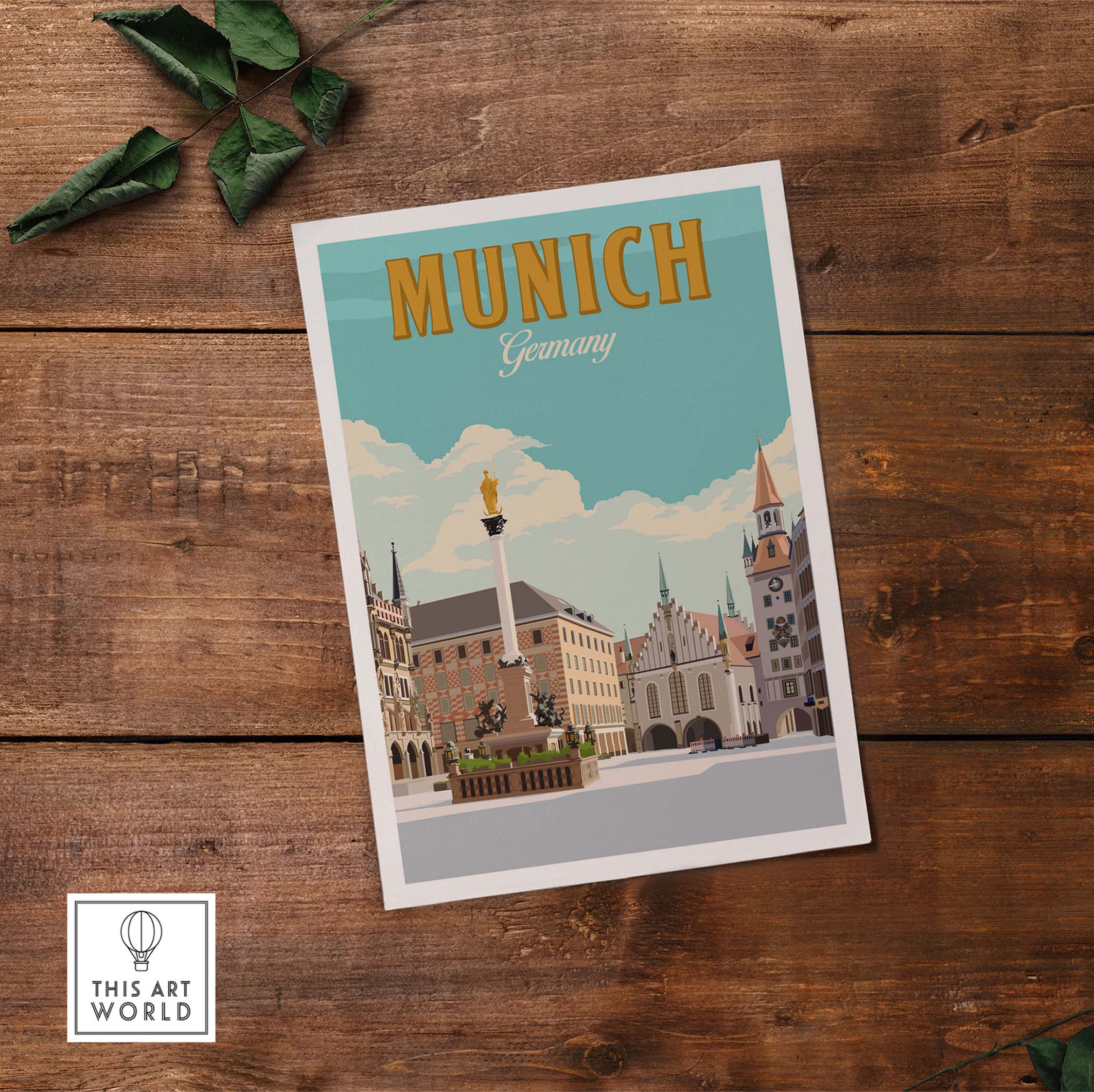 Munich Germany print featuring vintage-style artwork of the city skyline on wooden background.