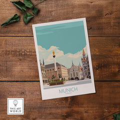 Munich poster artwork featuring vintage style design, showcasing landmarks of Germany's Munich for travel enthusiasts.