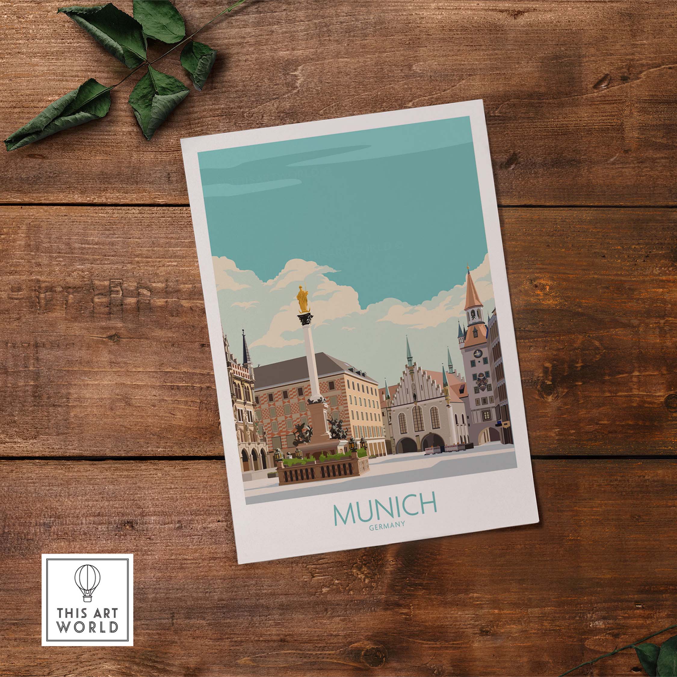 Munich poster artwork featuring vintage style design, showcasing landmarks of Germany's Munich for travel enthusiasts.