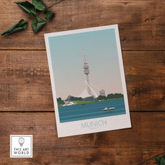 Munich travel poster featuring the TV tower on the Isar River, perfect for wall art decor.