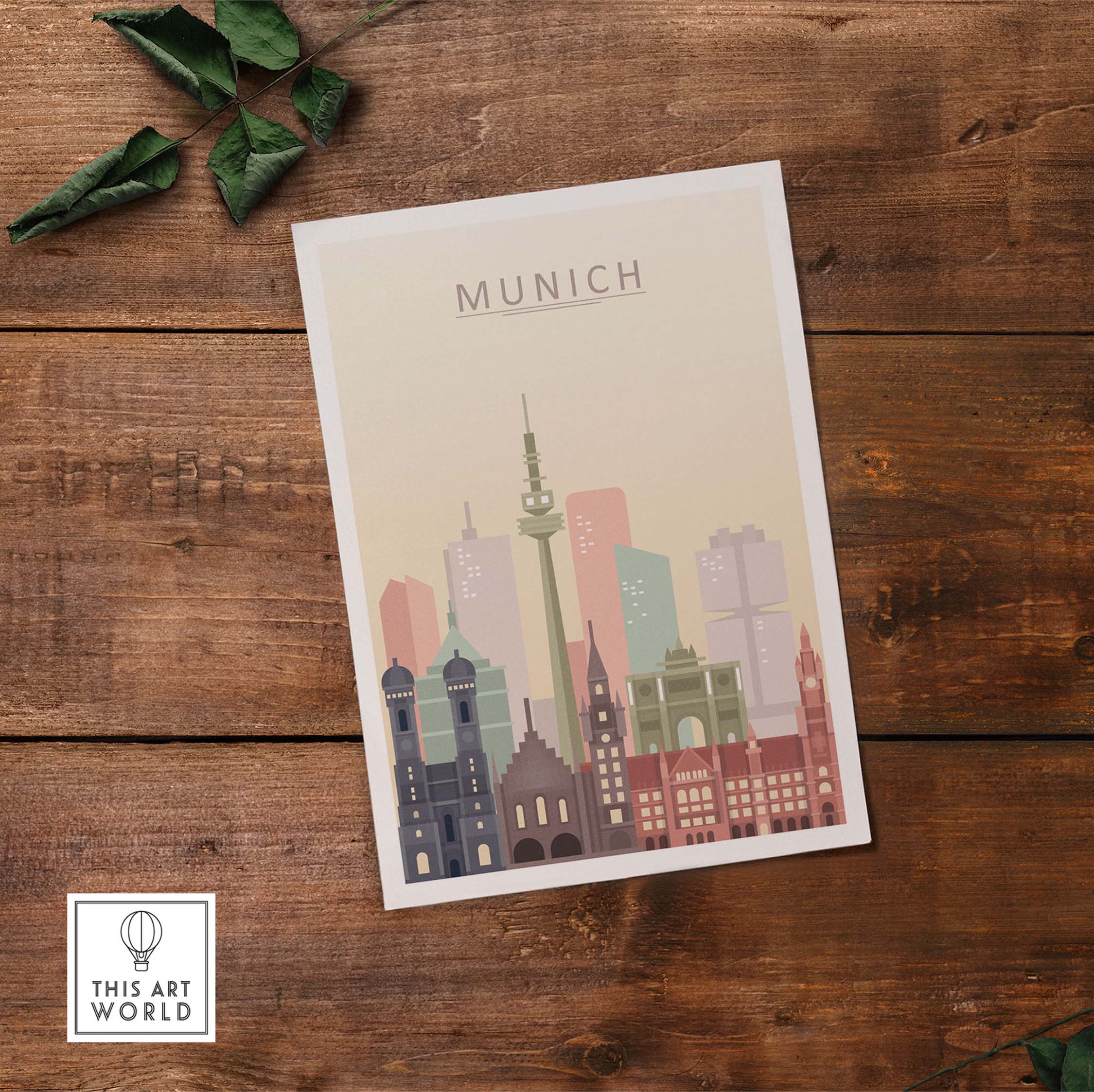 Munich skyline print in pastel colors on wood background, featuring iconic buildings and modern architecture.