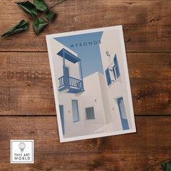 Mykonos Wall Art Poster featuring vintage-style Greek architecture with a blue and white color scheme.