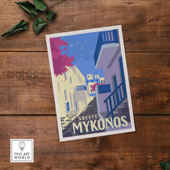 Mykonos vintage travel poster art print featuring a picturesque street in Greece, perfect for home decor.