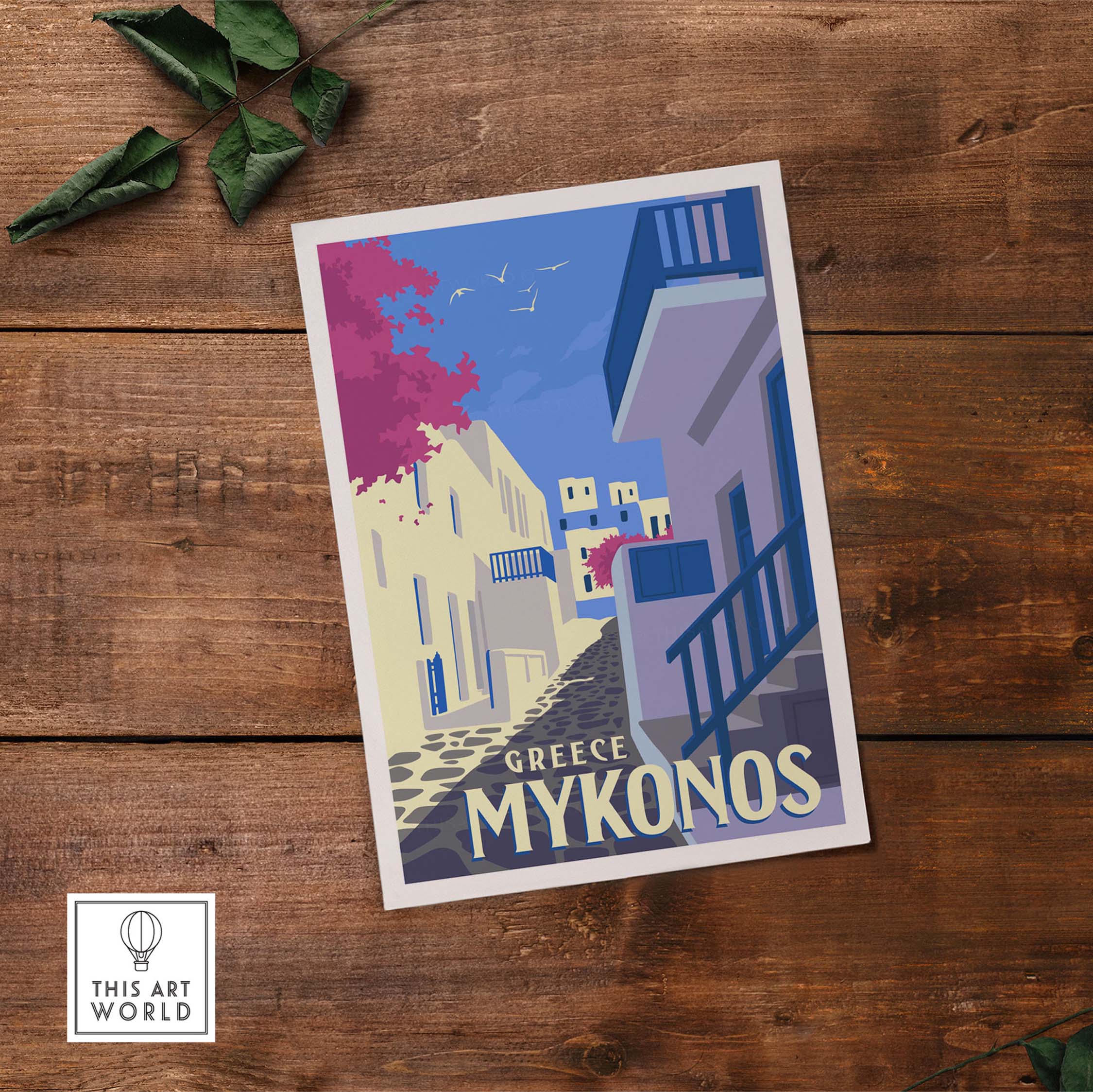 Mykonos vintage travel poster art print featuring a picturesque street in Greece, perfect for home decor.