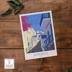 Mykonos Print Travel Poster featuring vibrant Greek architecture and colorful scenery, ideal for home or office decor.