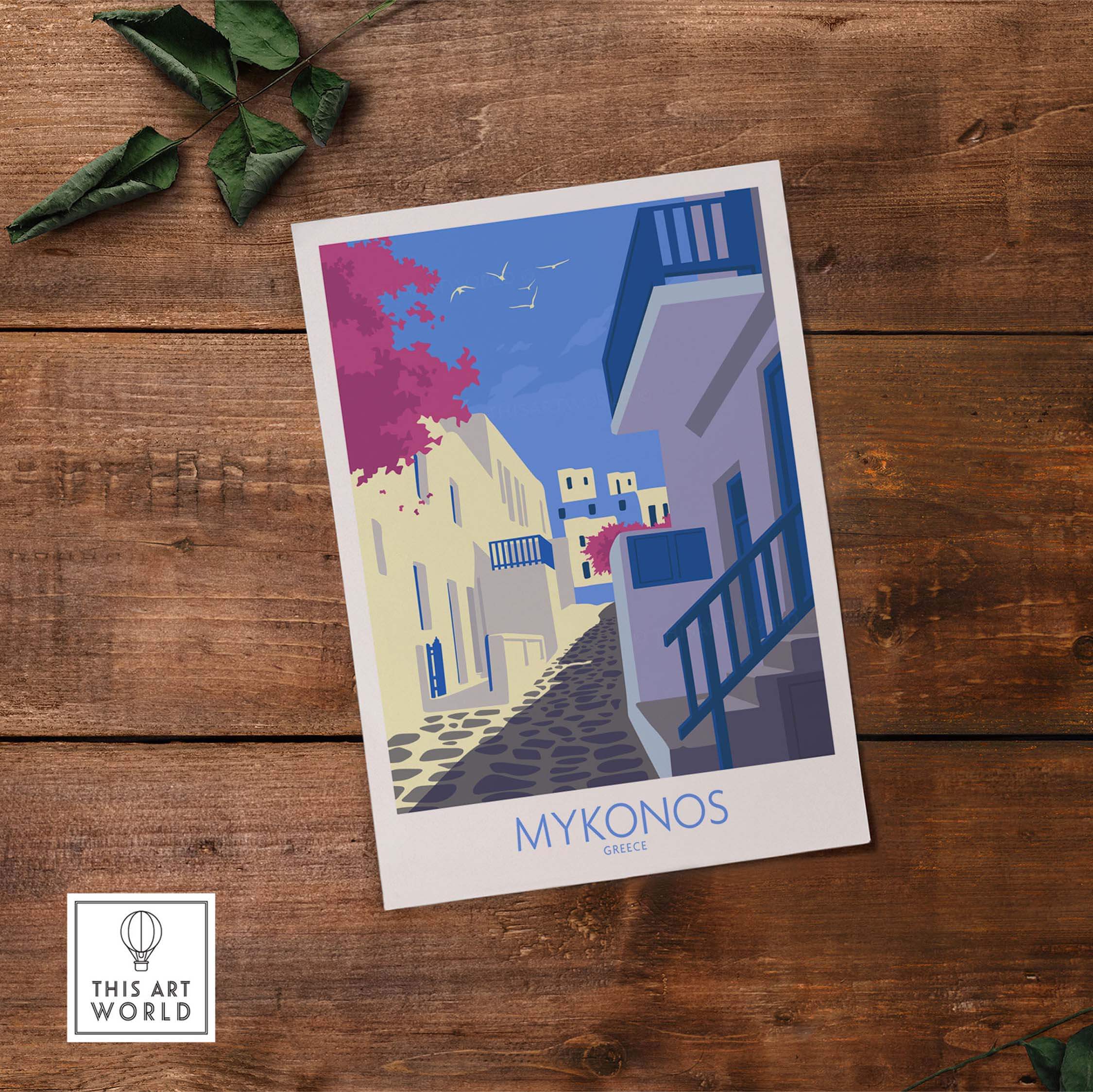 Mykonos Print Travel Poster featuring vibrant Greek architecture and colorful scenery, ideal for home or office decor.