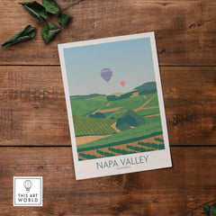 Napa Valley print showcasing vineyards and hot air balloons, perfect for travel art lovers and home decor.