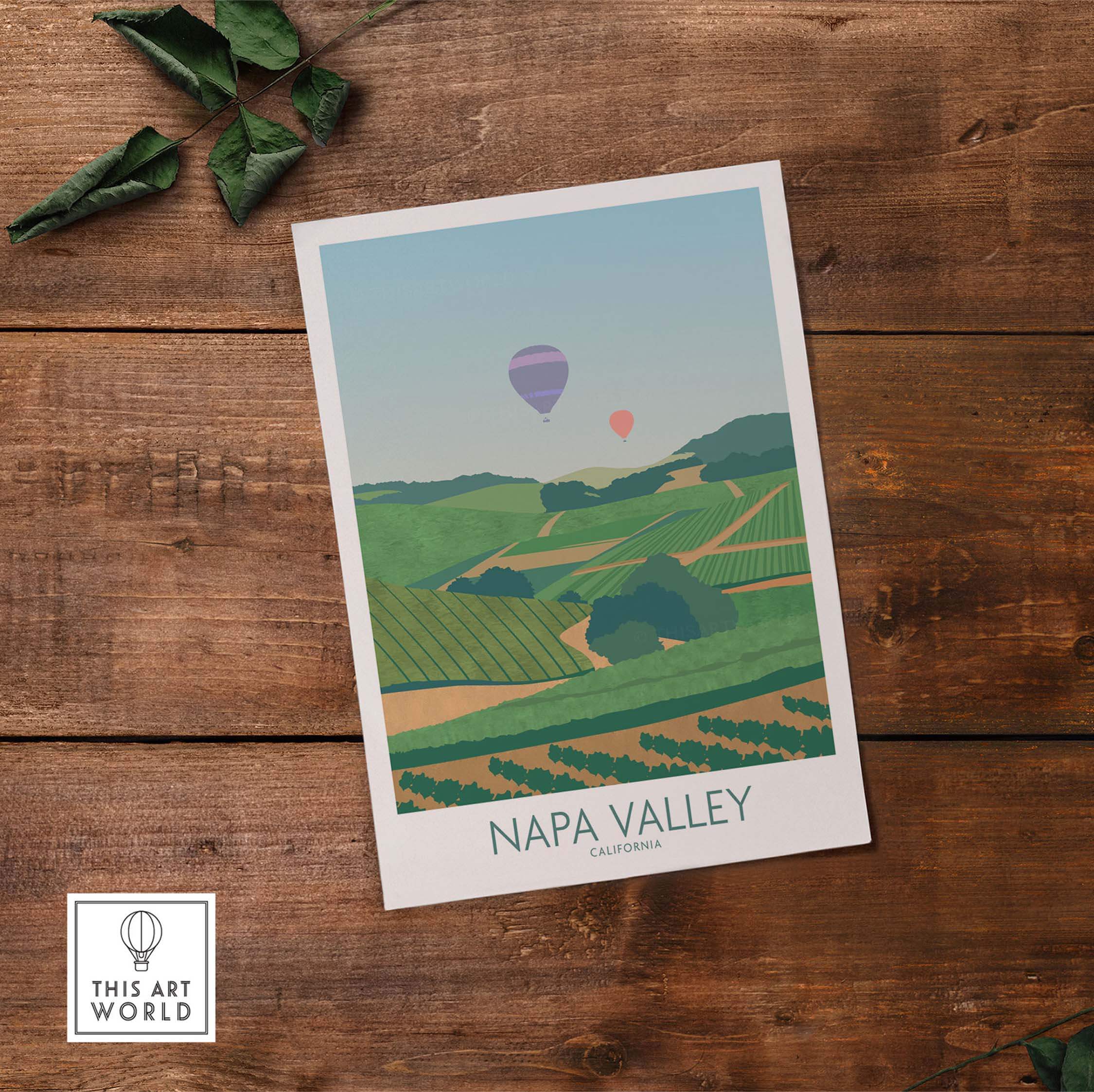 Napa Valley print showcasing vineyards and hot air balloons, perfect for travel art lovers and home decor.
