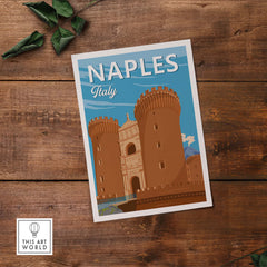 Vintage travel poster print of Naples Italy featuring historic castles with vibrant colors on wooden background.