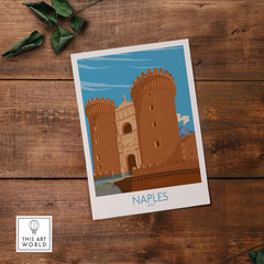 Vintage Naples Italy poster featuring historic castle towers, perfect for home or office decor.