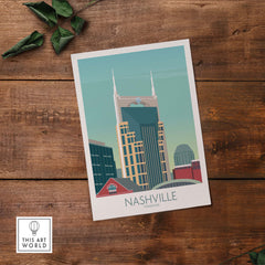 Nashville poster showcasing iconic skyline with vintage design, perfect for travel-inspired wall art.