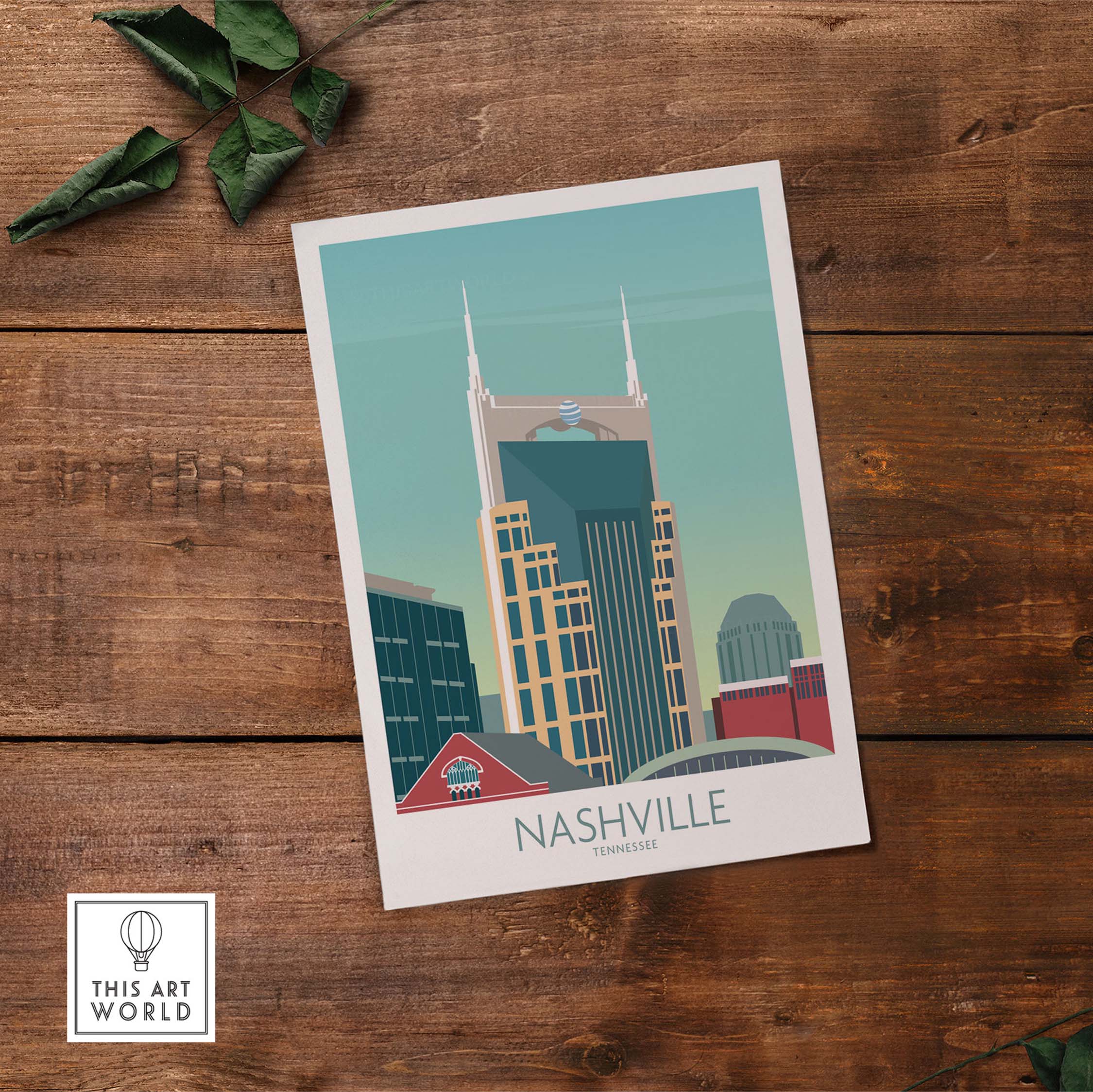 Nashville poster showcasing iconic skyline with vintage design, perfect for travel-inspired wall art.