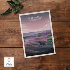New Forest National Park poster featuring minimalist landscape design with horse and trees, perfect for home decor.