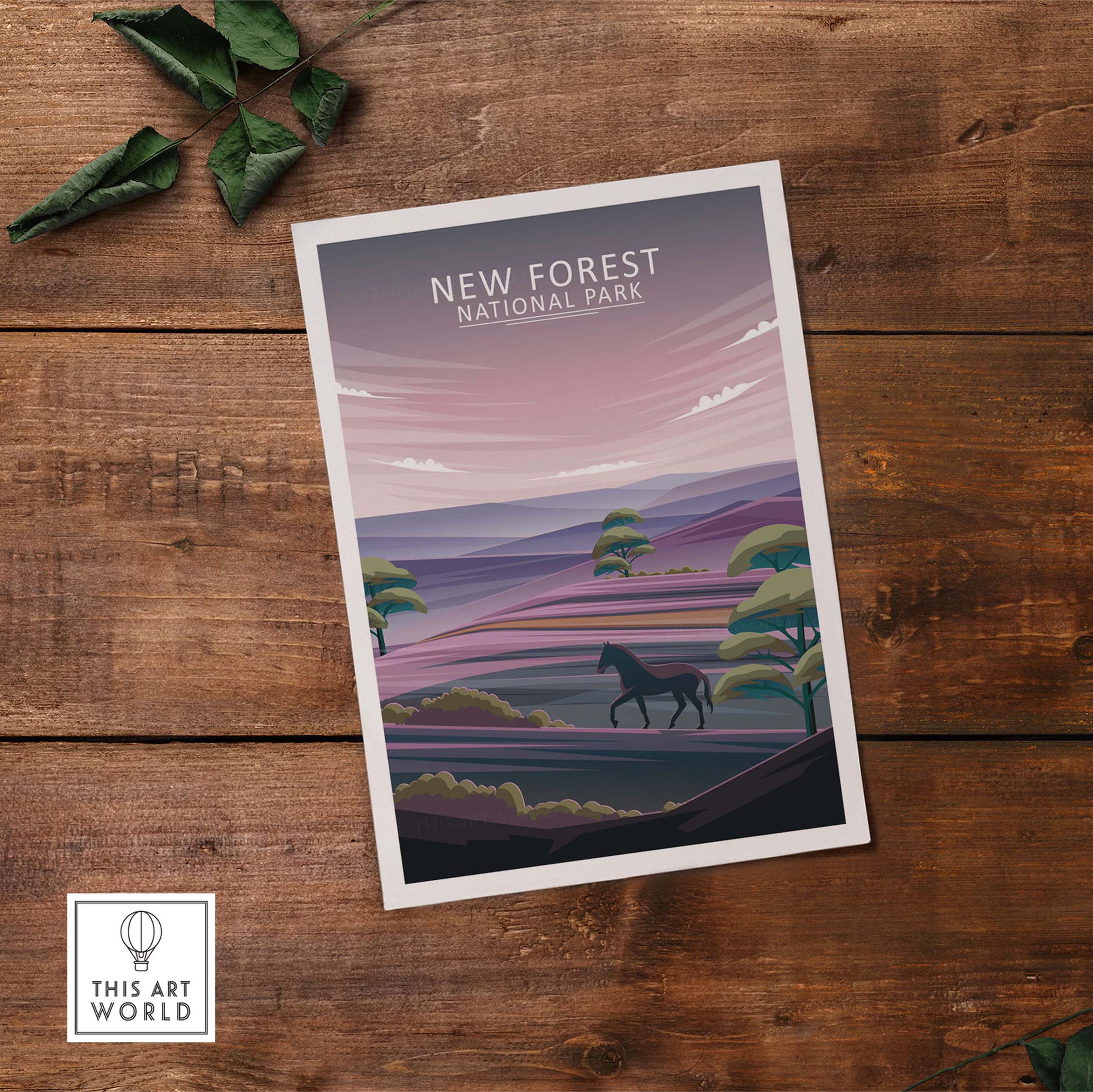 New Forest National Park poster featuring minimalist landscape design with horse and trees, perfect for home decor.