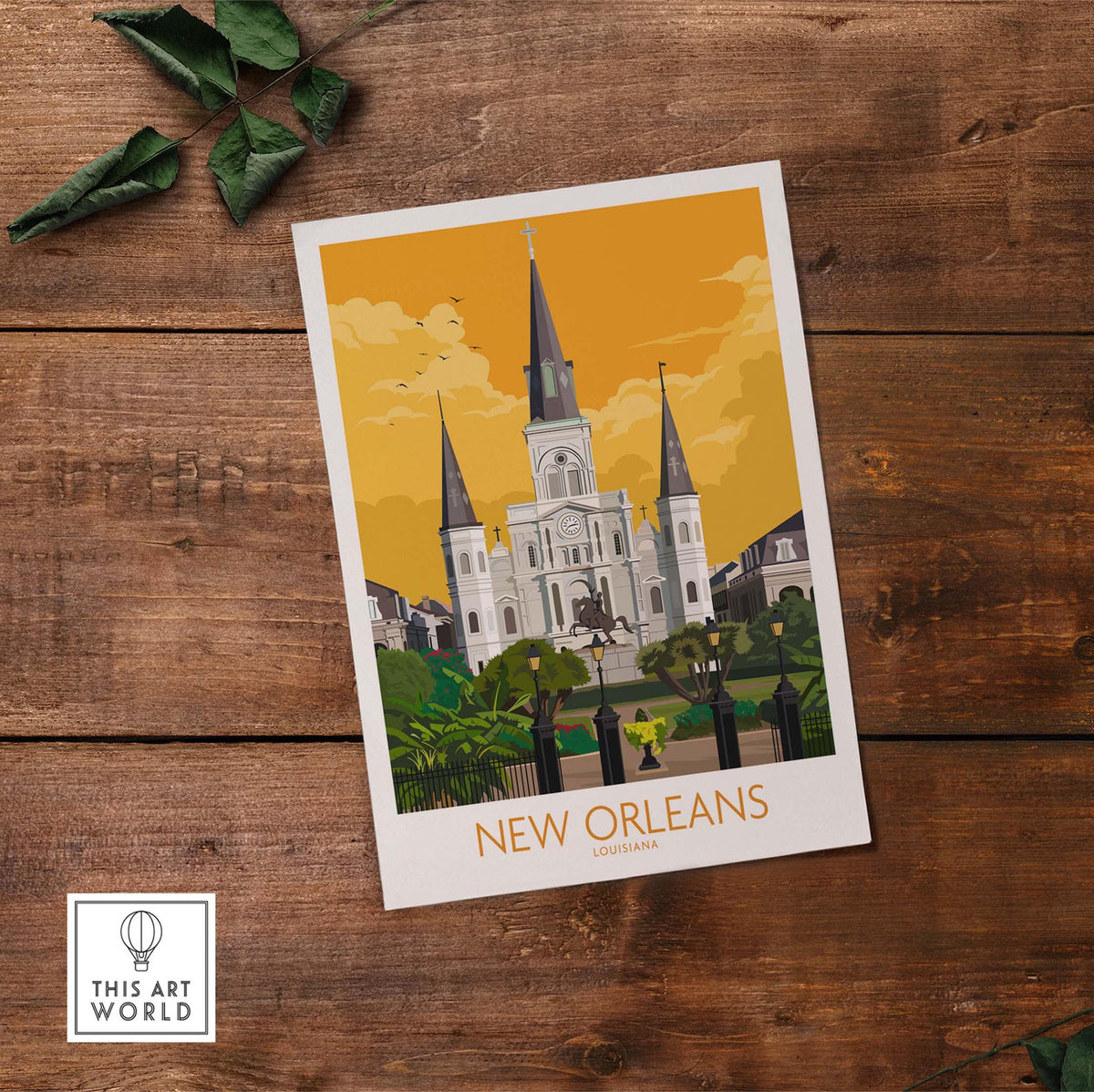 Vintage style New Orleans poster featuring St. Louis Cathedral in Louisiana with a nostalgic design.
