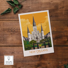 Vintage style New Orleans poster featuring St. Louis Cathedral in Louisiana with a nostalgic design.