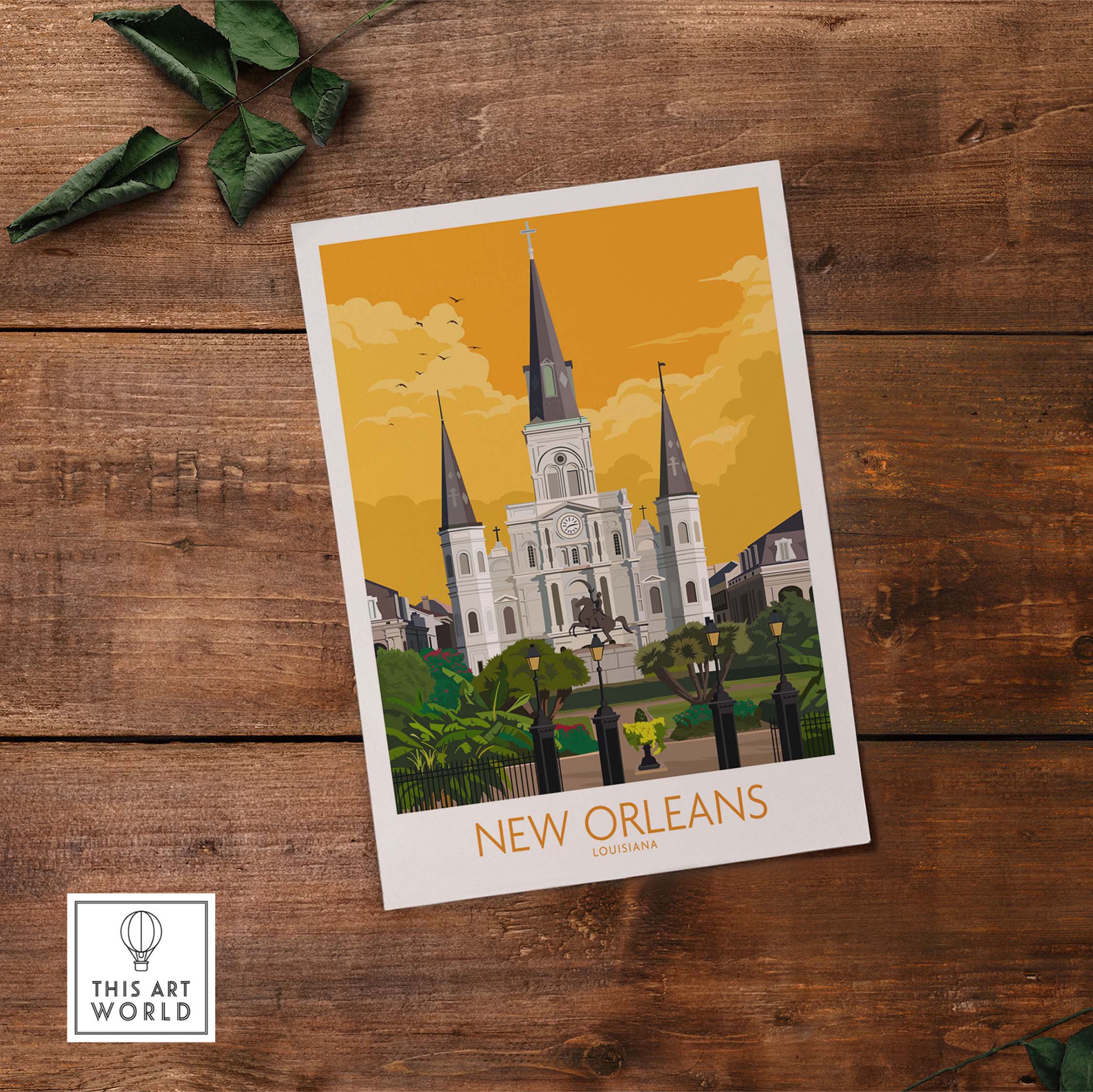 Vintage style New Orleans poster featuring St. Louis Cathedral in Louisiana with a nostalgic design.