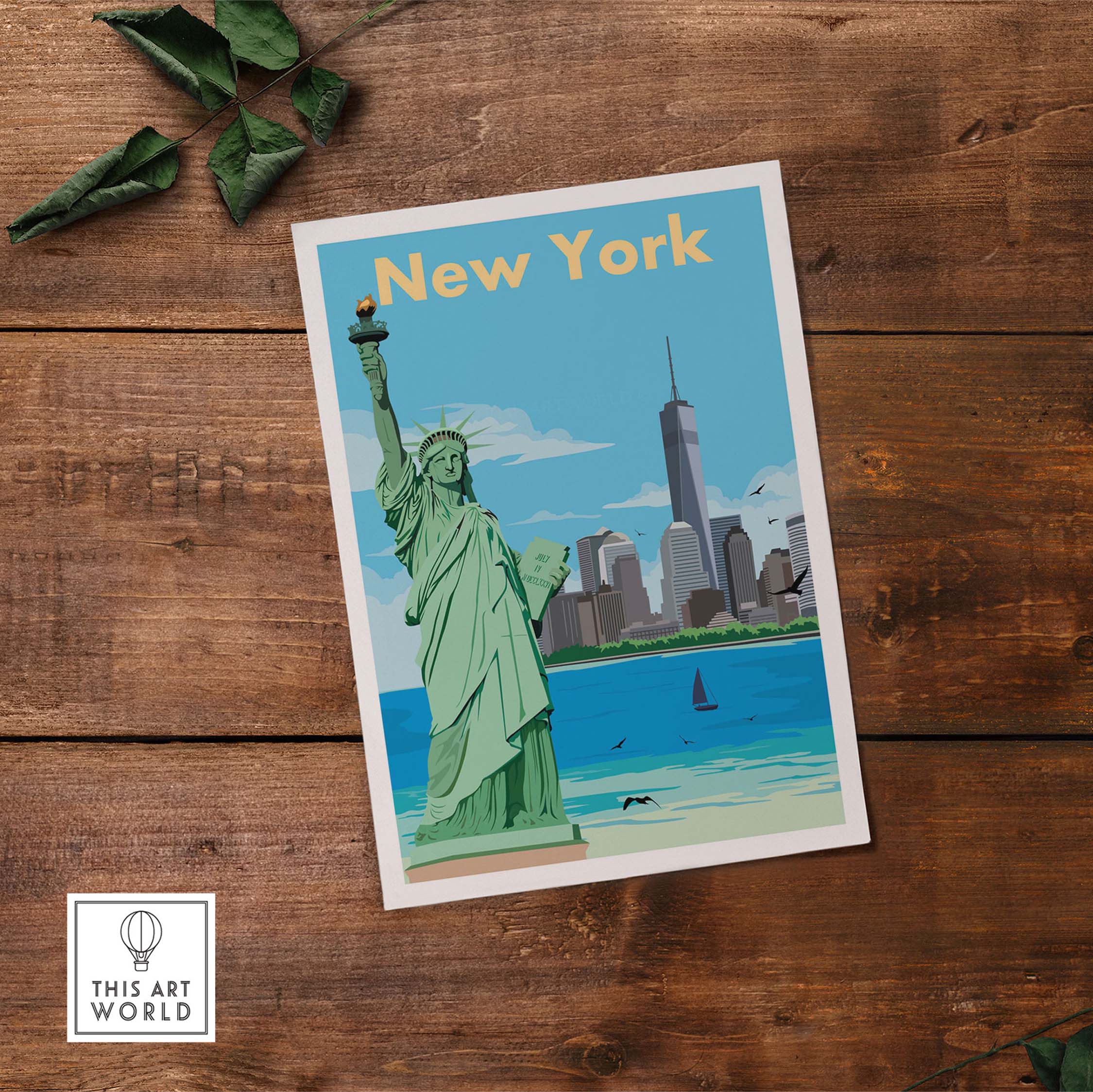 Vintage New York print poster featuring the Statue of Liberty and skyline, perfect for travel-inspired wall art.