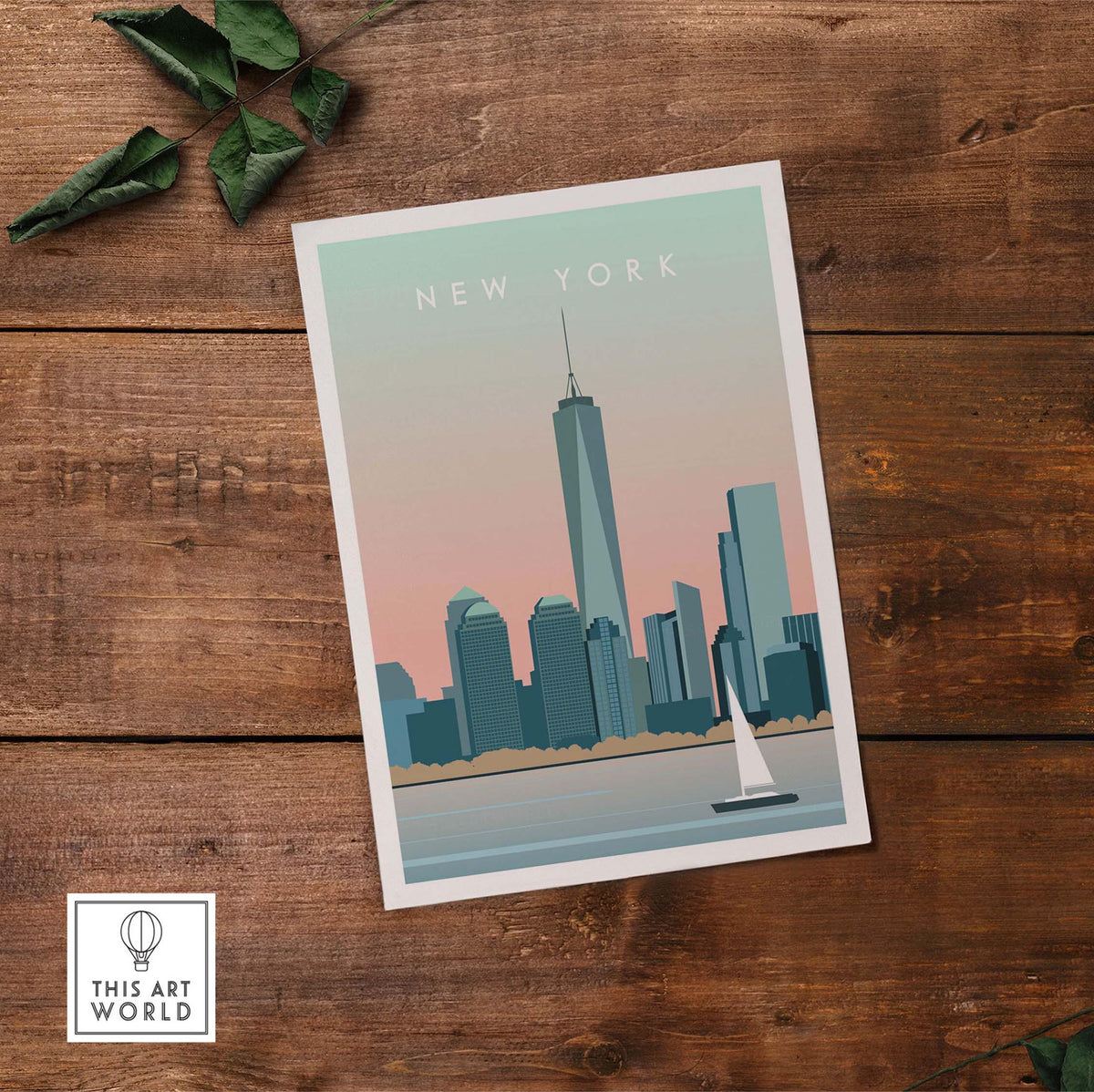 New York City print wall art poster featuring skyline and sailboat on a serene evening. Perfect for home or office decor.