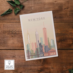 New York City skyline wall art print featuring the Statue of Liberty and iconic skyscrapers in pastel tones.