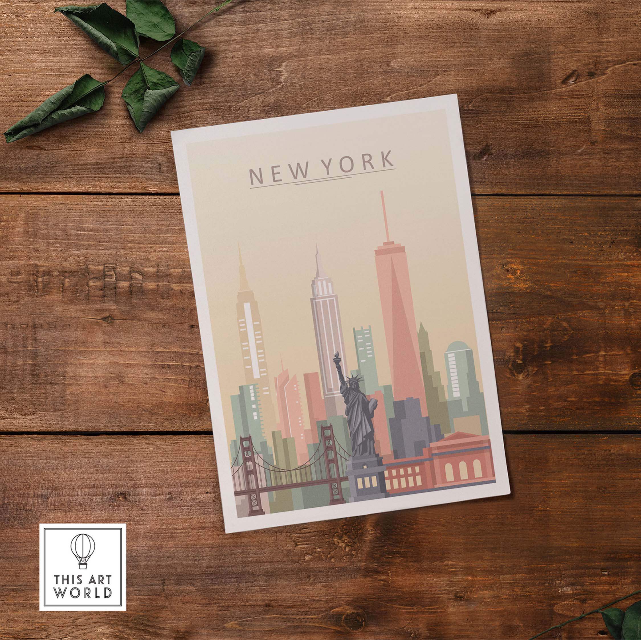 New York City skyline wall art print featuring the Statue of Liberty and iconic skyscrapers in pastel tones.