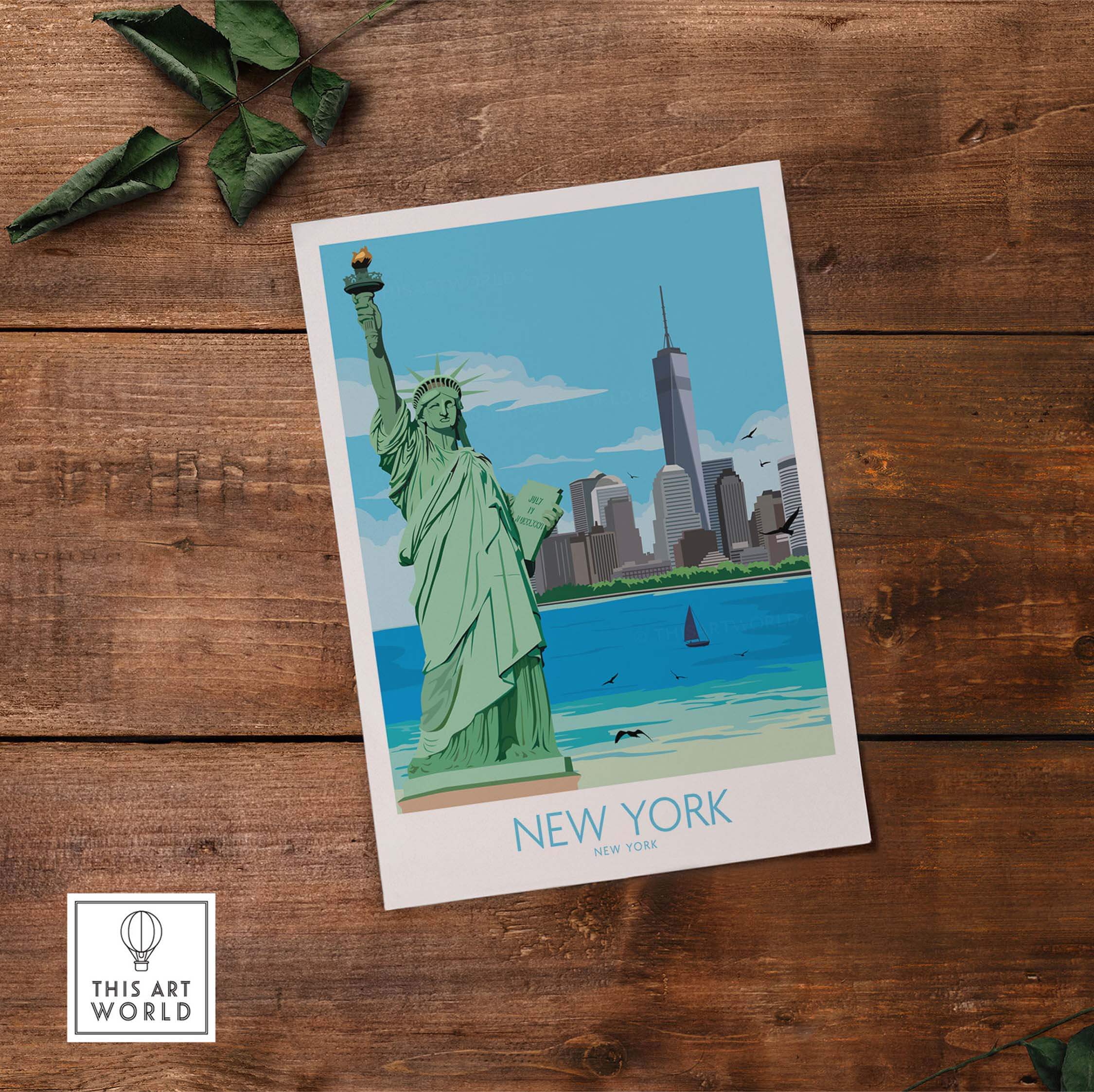 New York City poster featuring the Statue of Liberty and skyline, designed for travel art enthusiasts.
