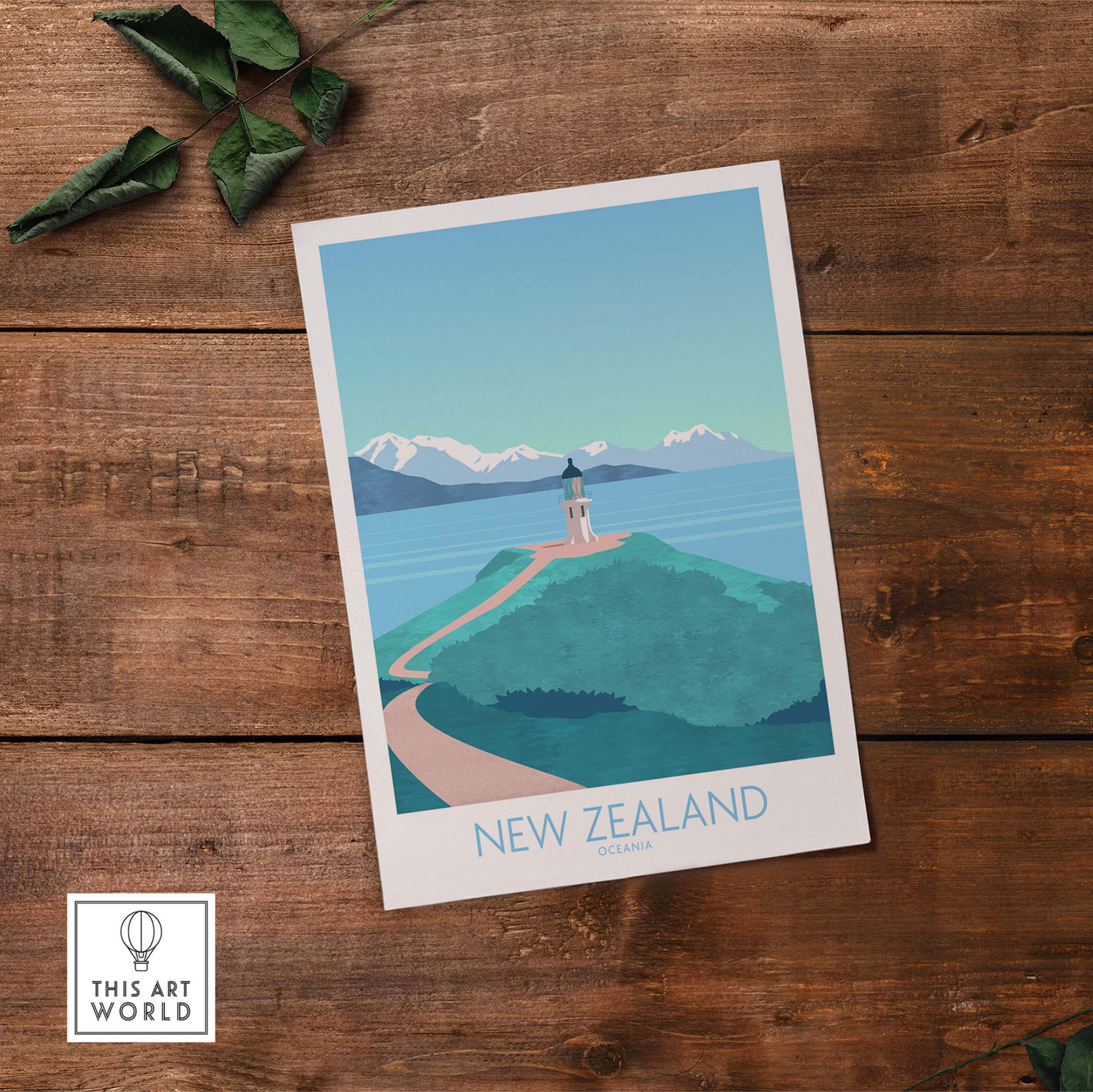 Colorful New Zealand travel poster featuring a lighthouse and mountains, perfect for wall art decorations.