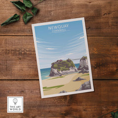 Newquay Print Cornwall Poster showcasing a coastal scene, inspired by vintage travel artwork, styled for home decor.