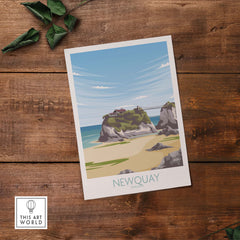 Newquay Cornwall travel poster featuring a scenic beach and cliffs, perfect for stylish wall art in home or office.