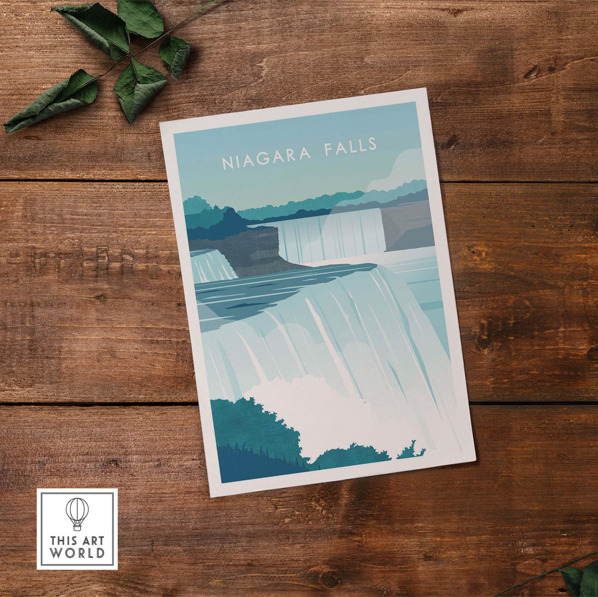 Niagara Falls print wall art poster showcasing a vintage-inspired design on a wooden background.