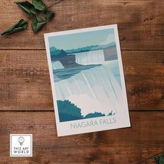 Niagara Falls print wall art showcasing vintage-inspired design on rustic wooden background.