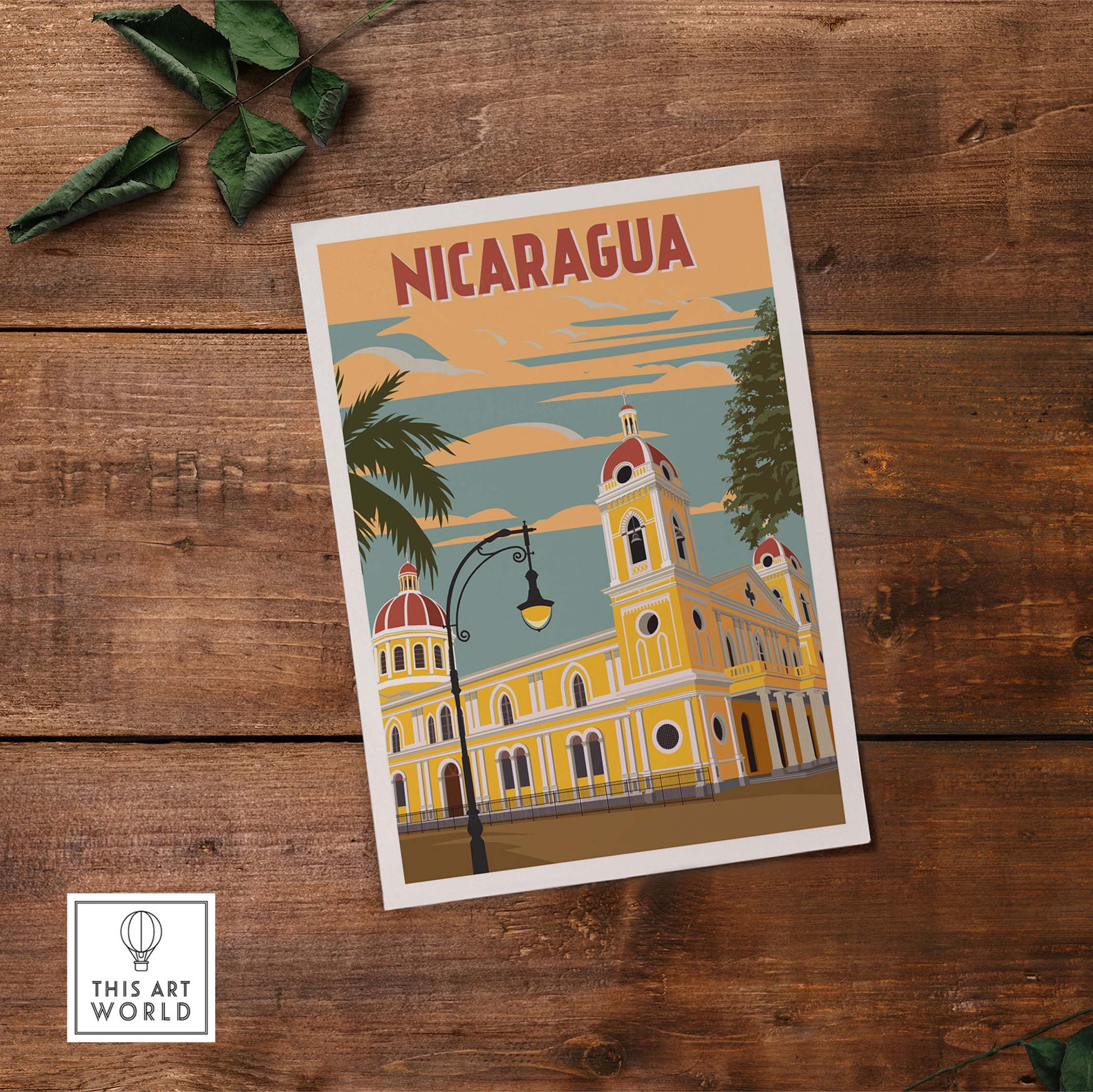 Colorful Nicaragua travel poster featuring a historic building and palm trees, perfect for stylish wall art.