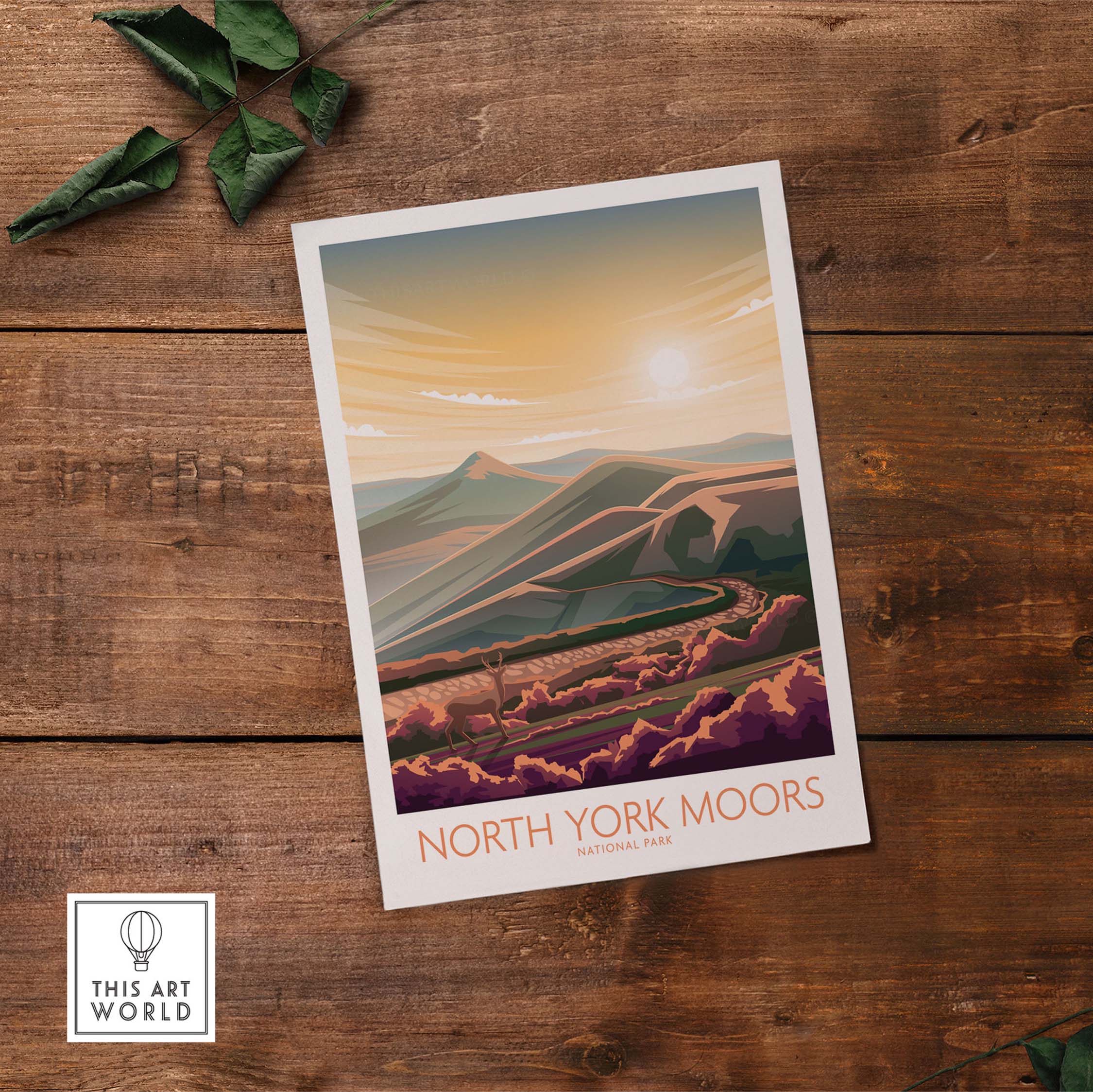 North York Moors National Park poster with minimalist design and warm sunset colors on wooden background.