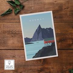 Norway print wall art poster featuring a mountain and cabin, ideal for stylish home decor and travel inspiration.