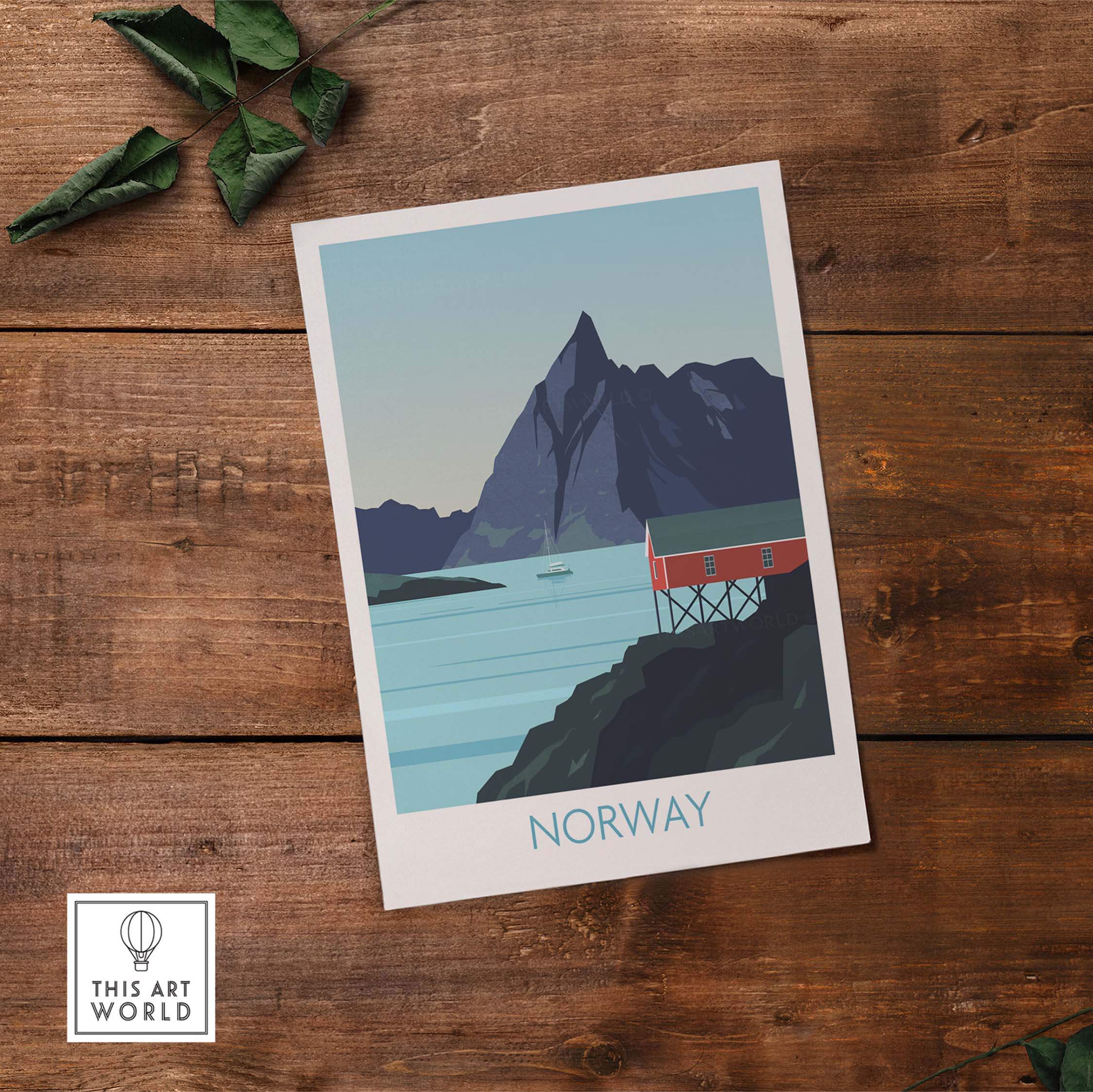 Norway print travel poster featuring a mountain and red house, inspired by vintage travel art.