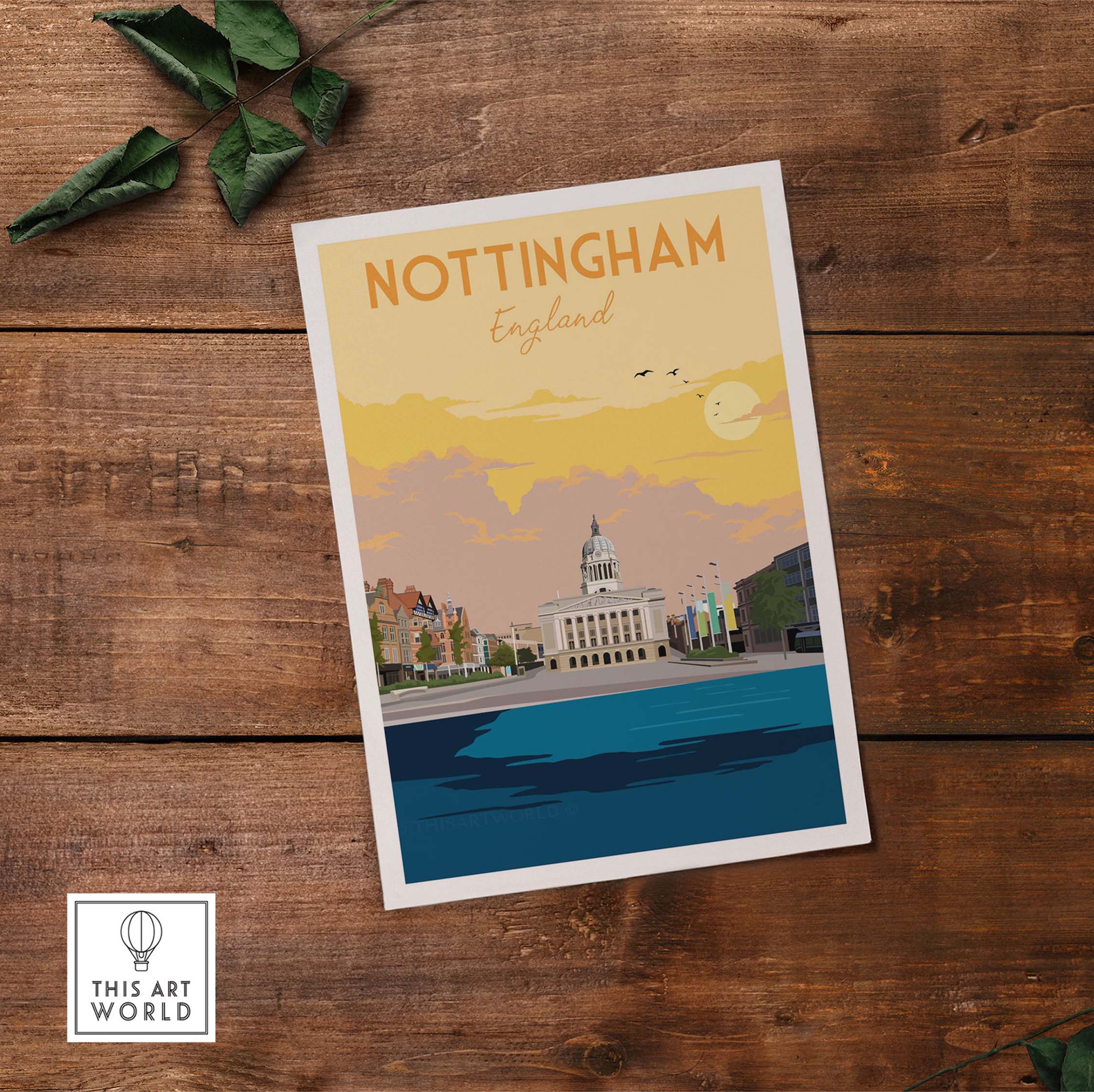 Nottingham Print England Poster featuring vintage-style artwork of Nottingham skyline and sunset colors.