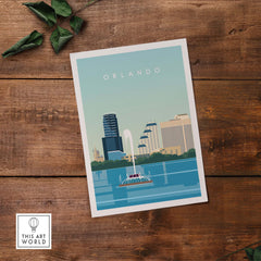Orlando Travel Poster Print featuring city skyline and fountain, minimalist vintage design for stylish home decor.