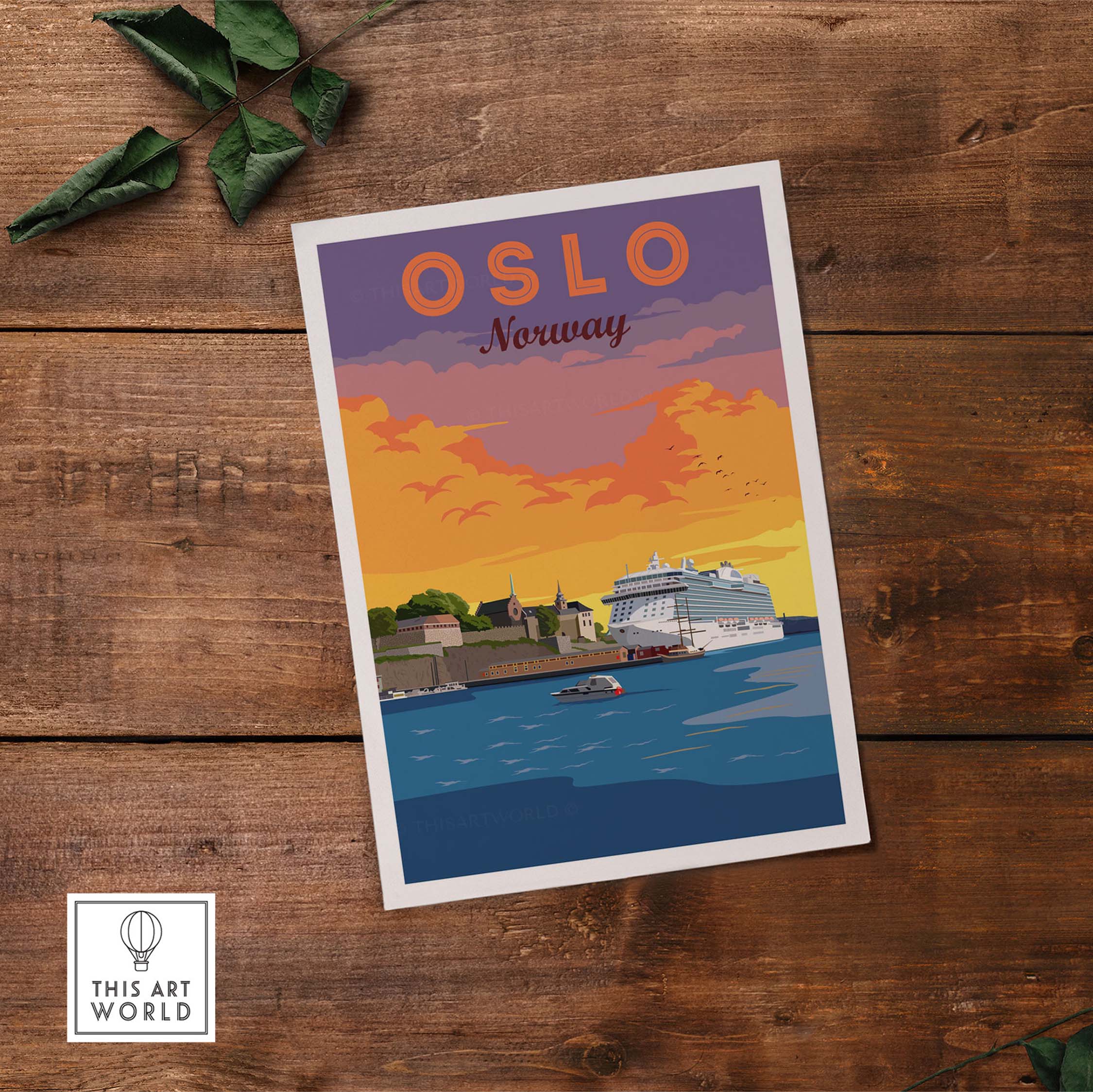 Oslo Print Norway featuring a colorful vintage-inspired travel poster with a sunset over the harbor.